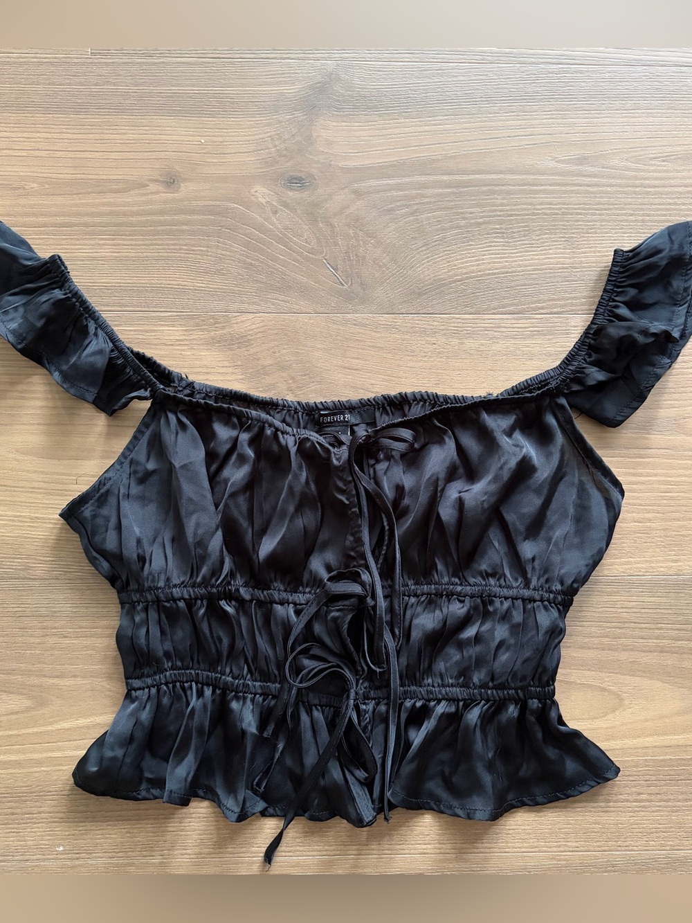 Forever 21 Satin Black Elastic Waist Tie-Front Cropped Top Off Shoulder